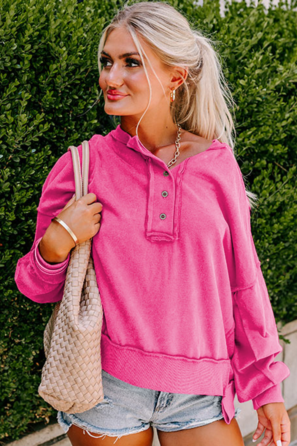 Hot Pink Slouchy Drop Shoulder Henley Sweatshirt