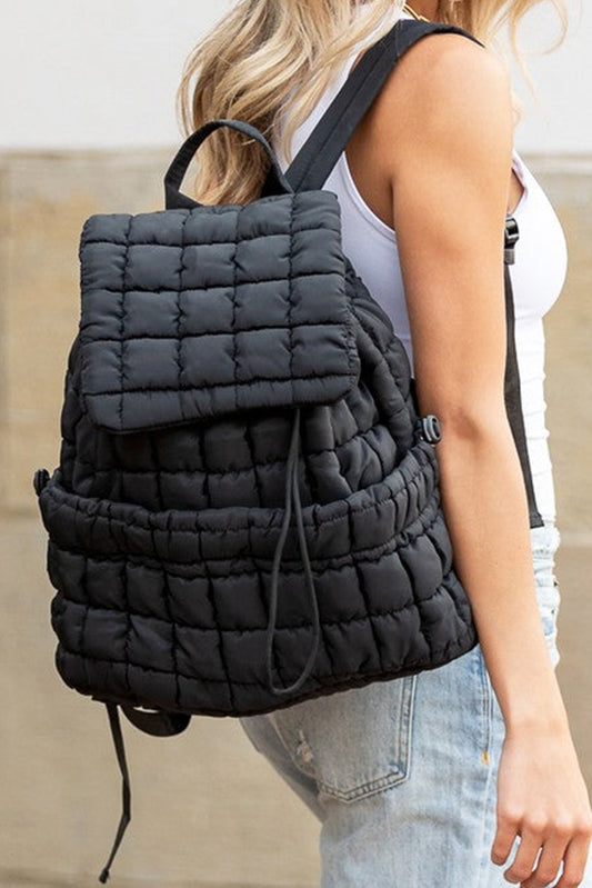 Coffee Solid Flapped Quilted Puffer Backpack