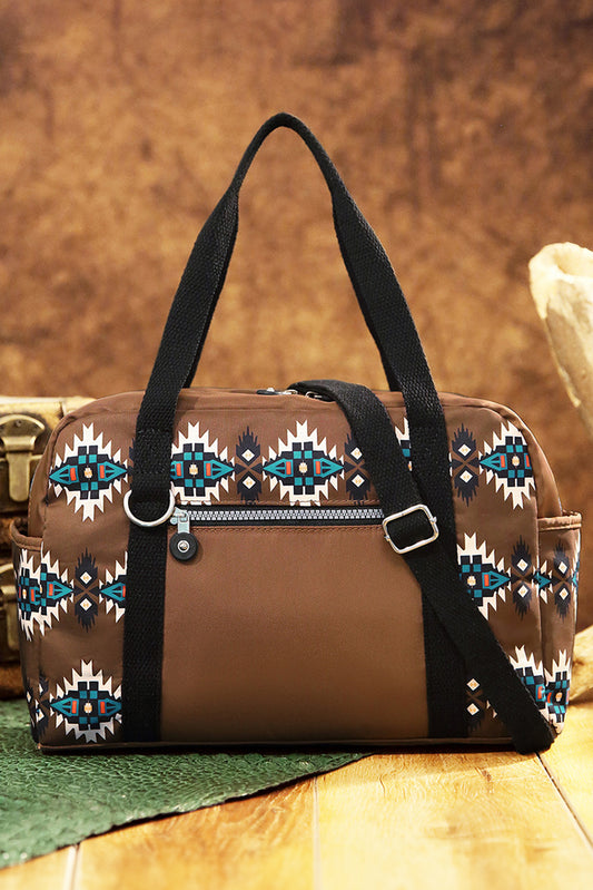 Coffee Geometric Print PU Leather Large Travel Duffel Bag