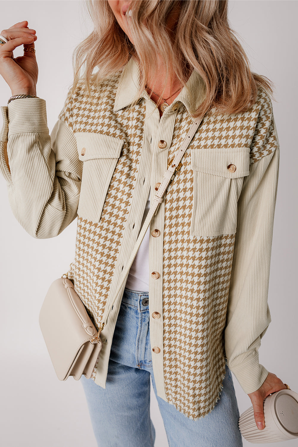 Parchment Houndstooth Corduroy Patchwork Flap Pocket Shacket