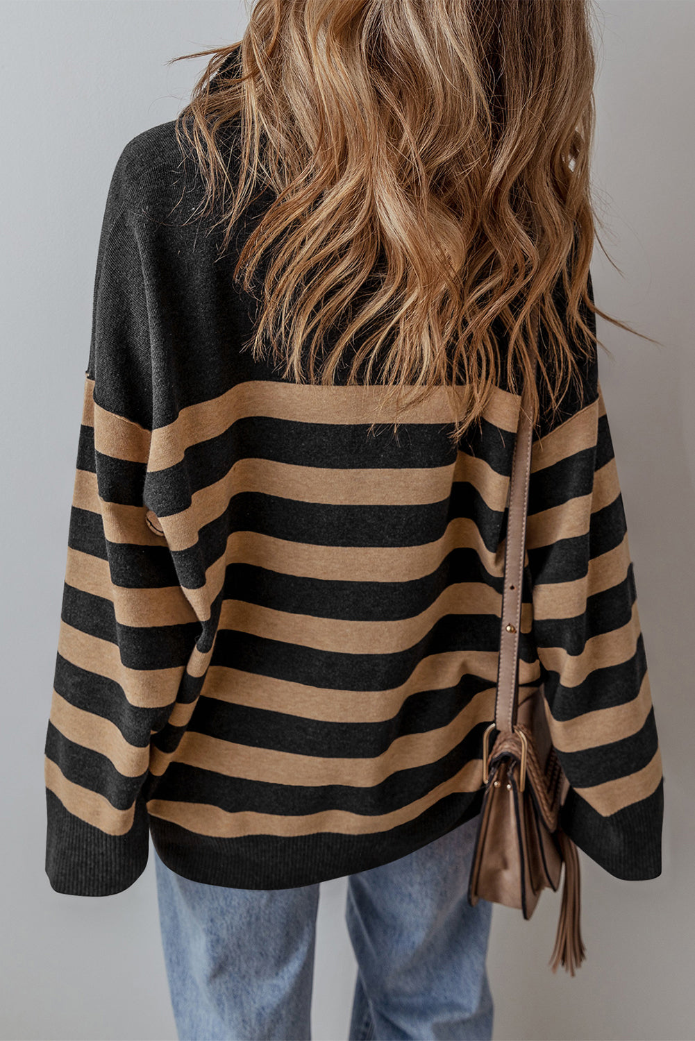 Green Striped Collared Quarter Zip Oversized Sweater