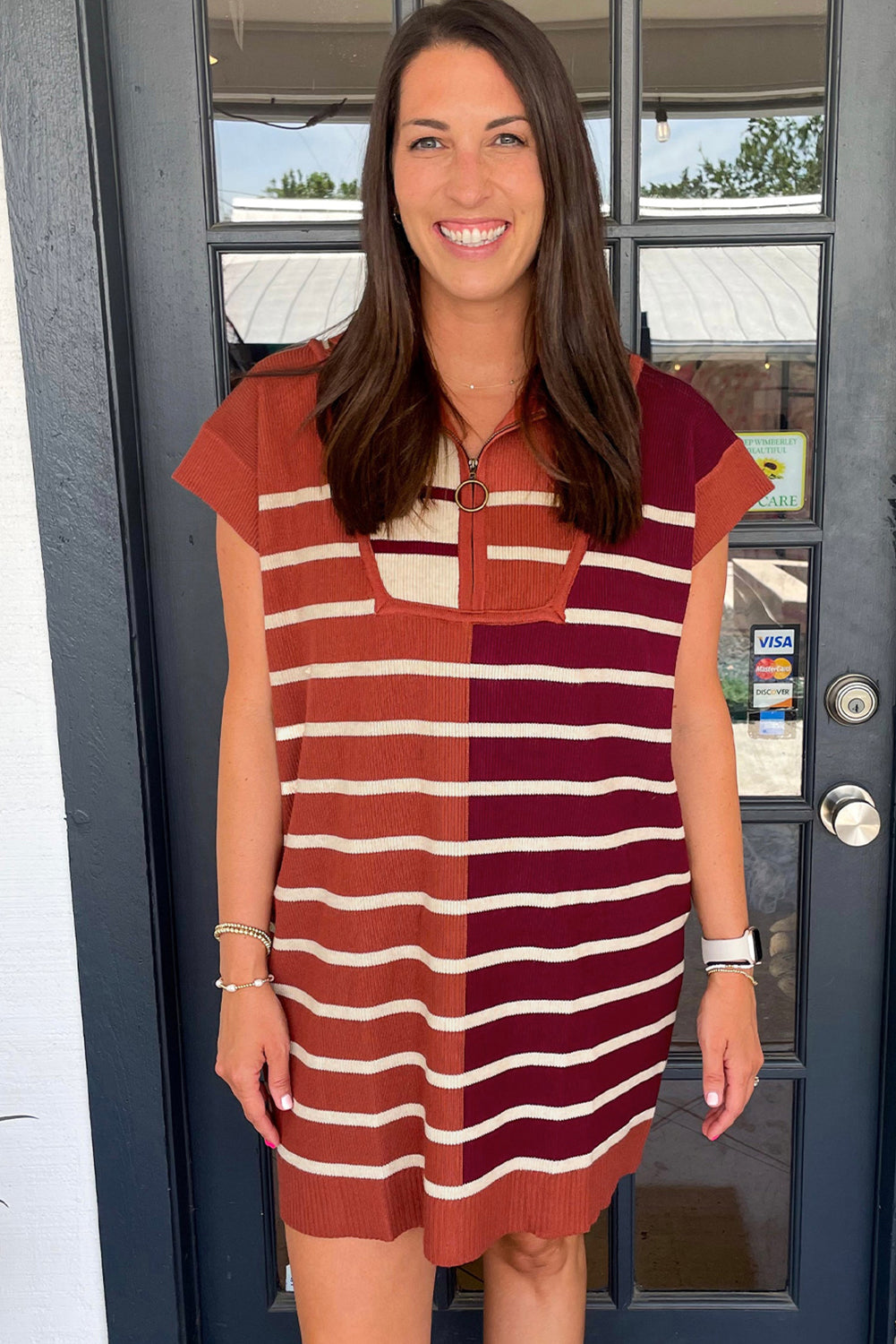 Brown Stripe Color Block Short Sleeve Quarter Zip Mini Dress