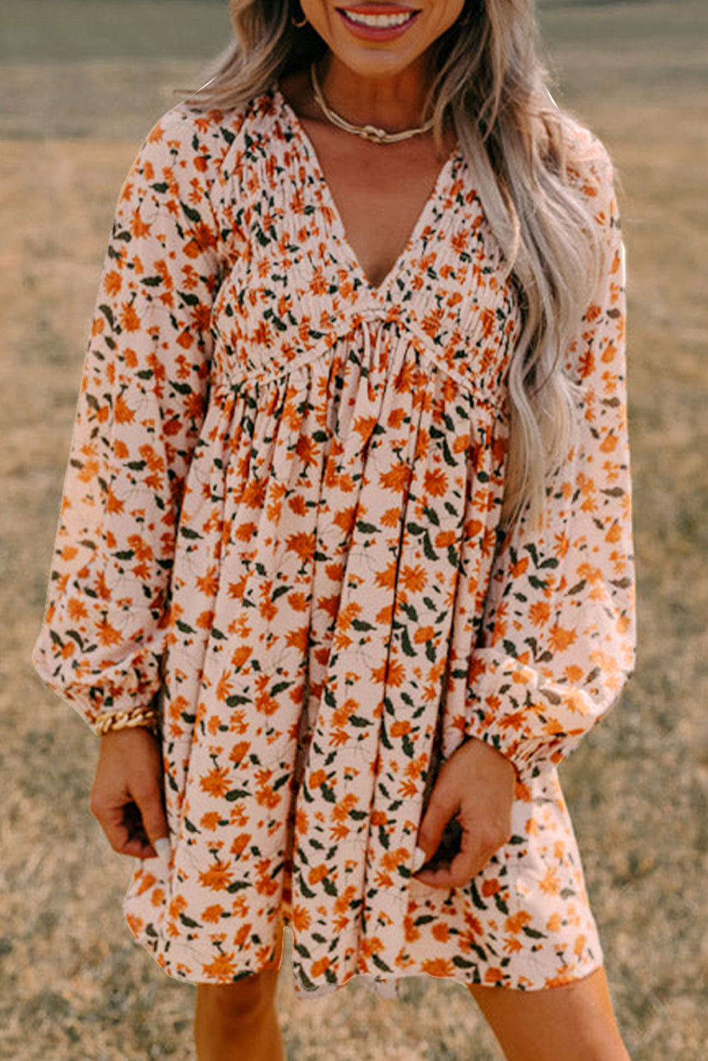 Beige Floral Bubble Babydoll Dress