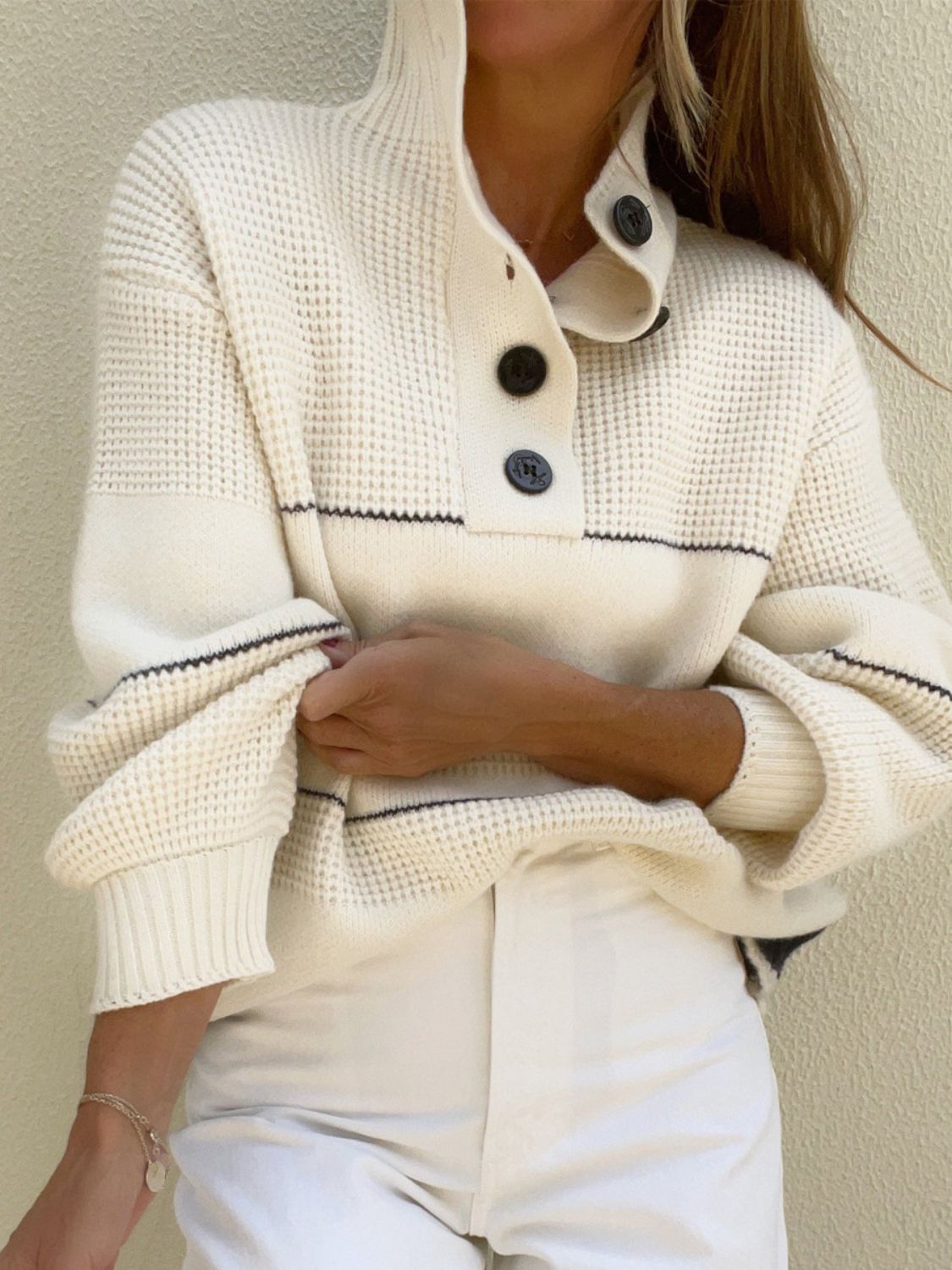 Waffle-Knit  Long Sleeve Sweater