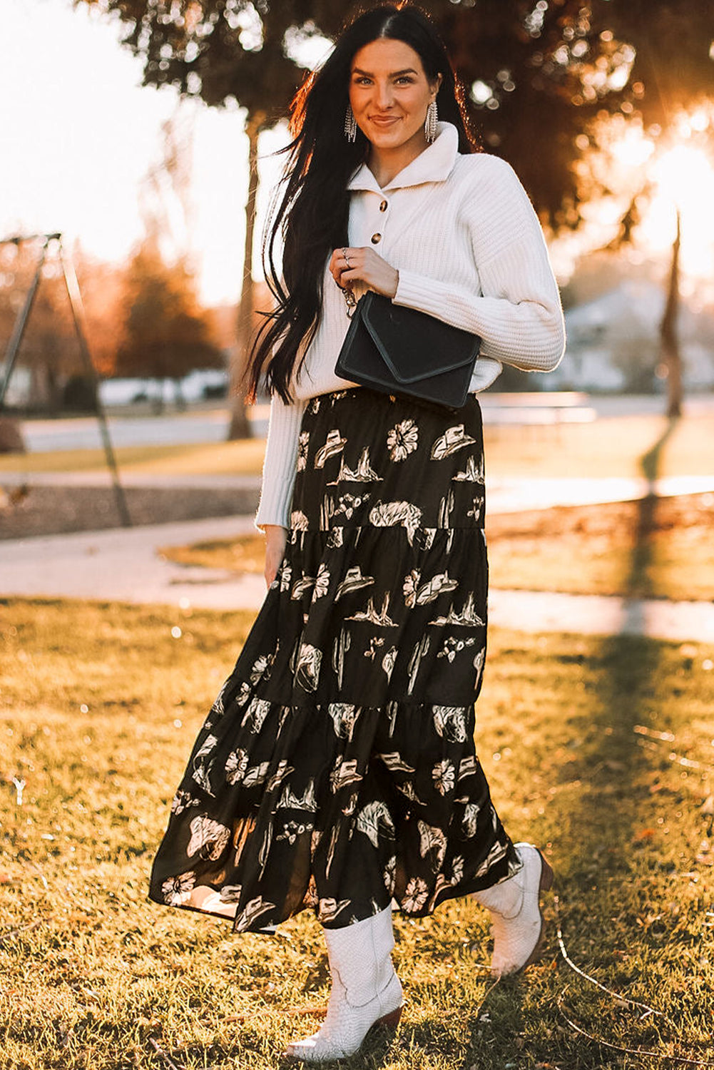 Black Western Print Ruffled High Waist Maxi Skirt