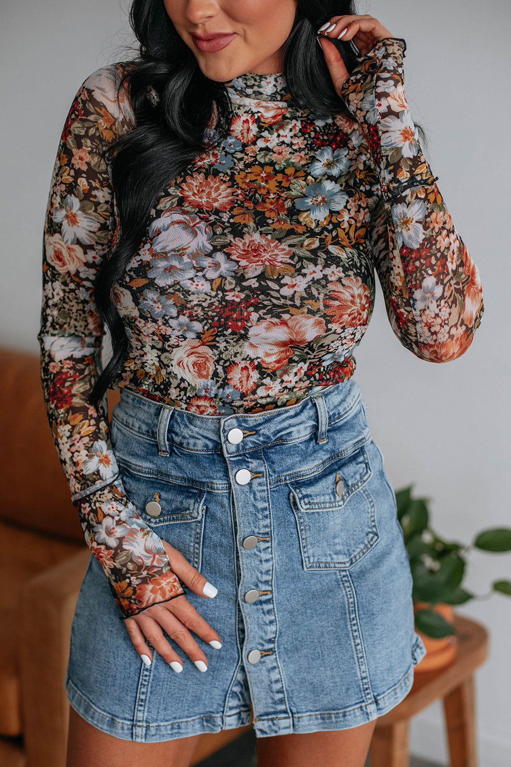 Floral Print Mesh Mock Neck Top