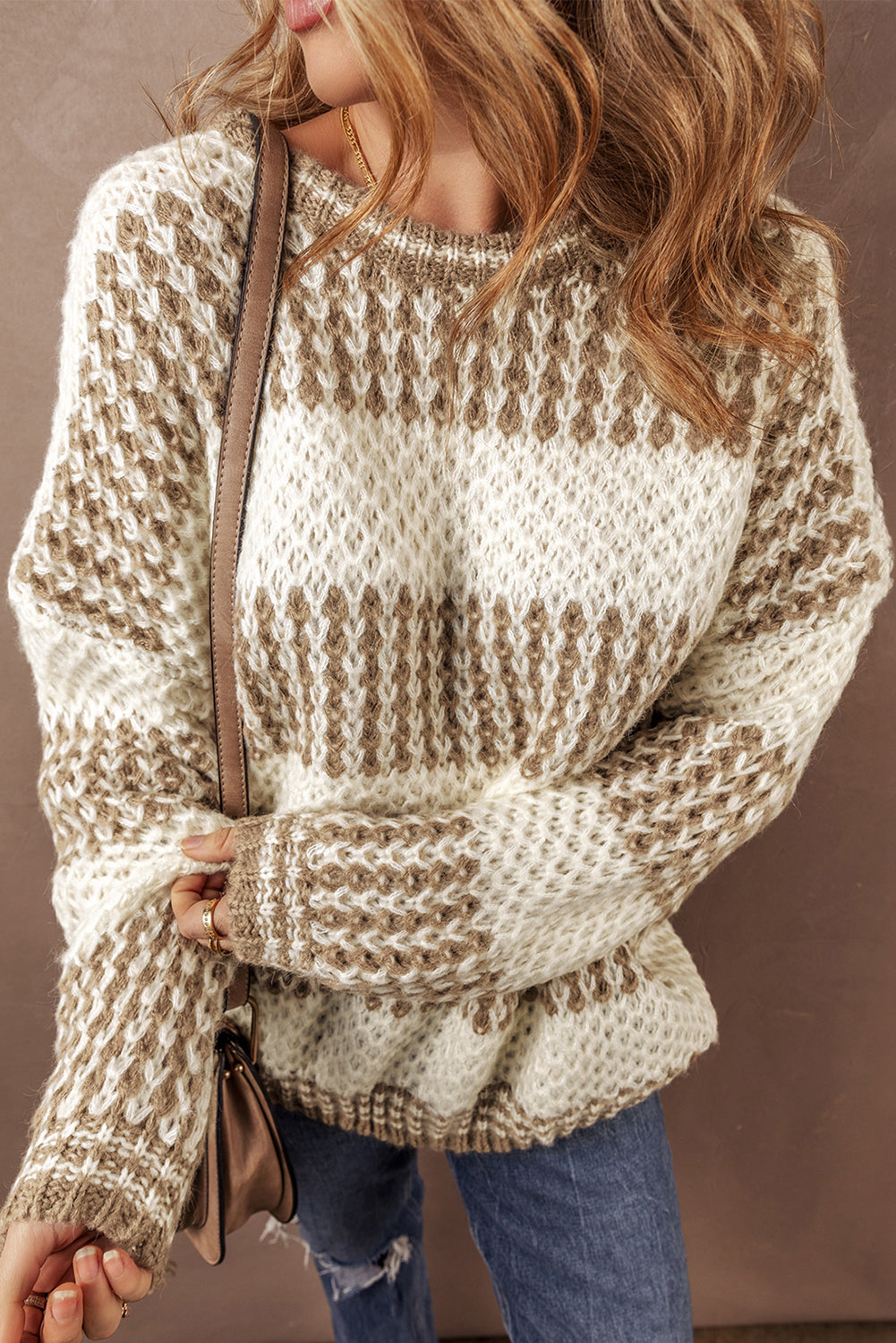 Brown Cable Knit Drop Shoulder Round Neck Sweater