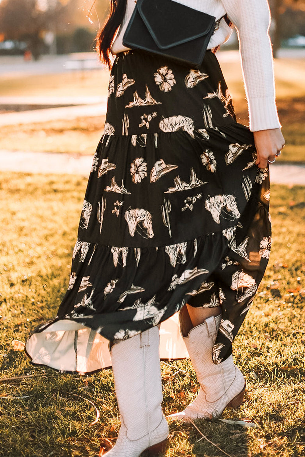 Black Western Print Ruffled High Waist Maxi Skirt