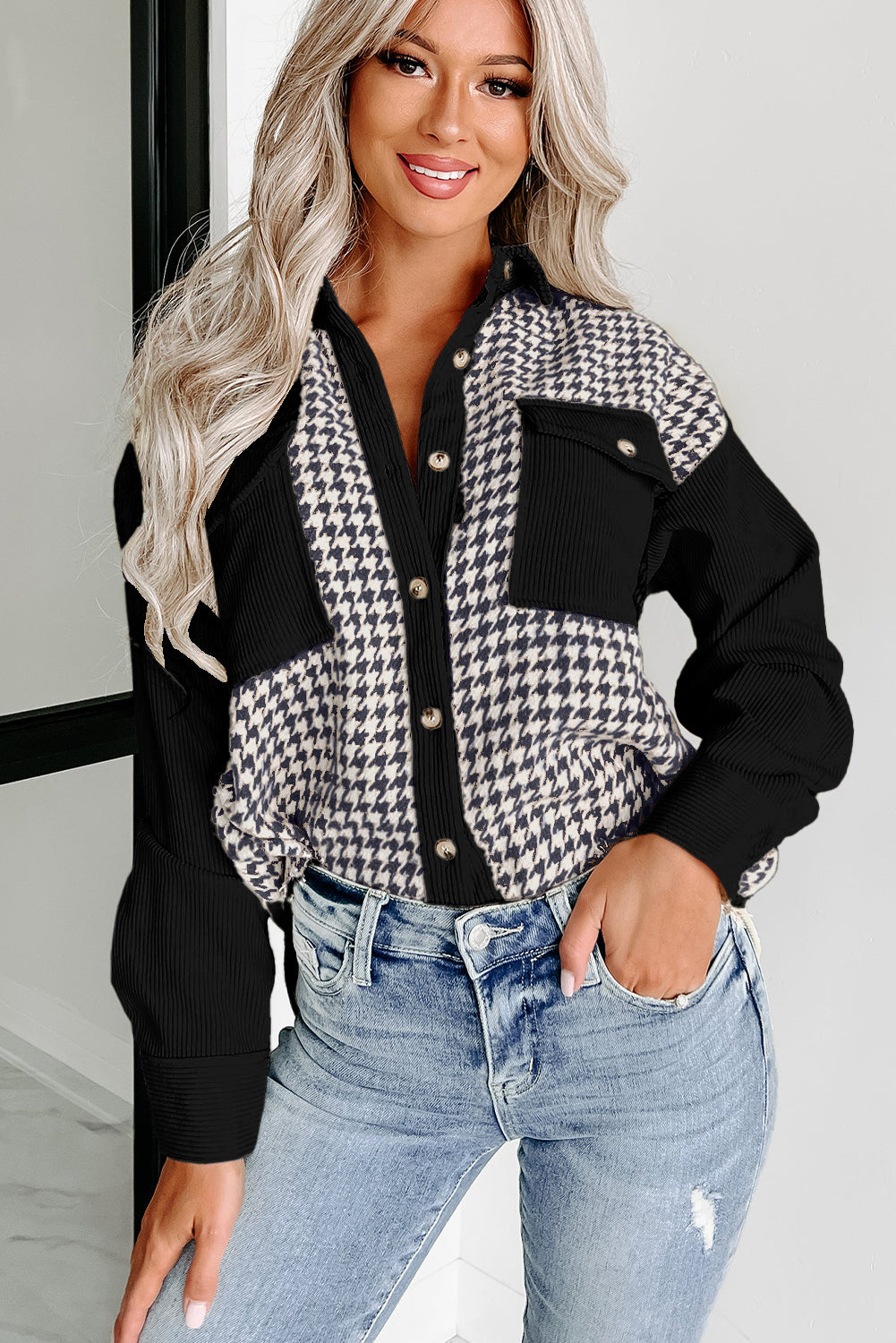 Black Houndstooth Corduroy Patchwork Pocket Shacket