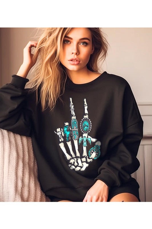 Skeleton Concho Rings Fleece Sweatshirts