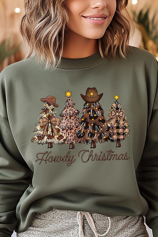 Howdy Christmas Tree Graphic Fleece Sweatshirts