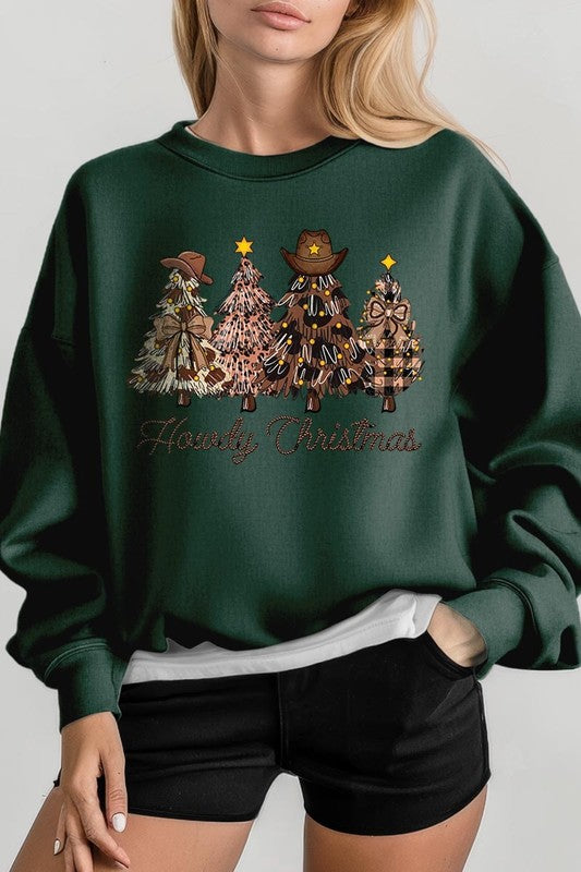 Howdy Christmas Tree Graphic Fleece Sweatshirts