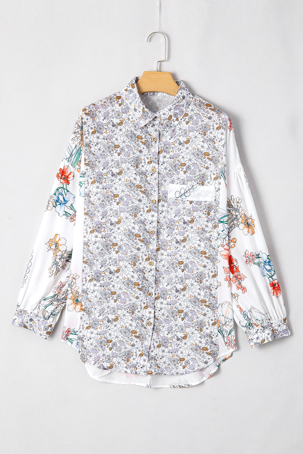 Purple Boho Floral Bishop Sleeve Button Up Loose Shirt