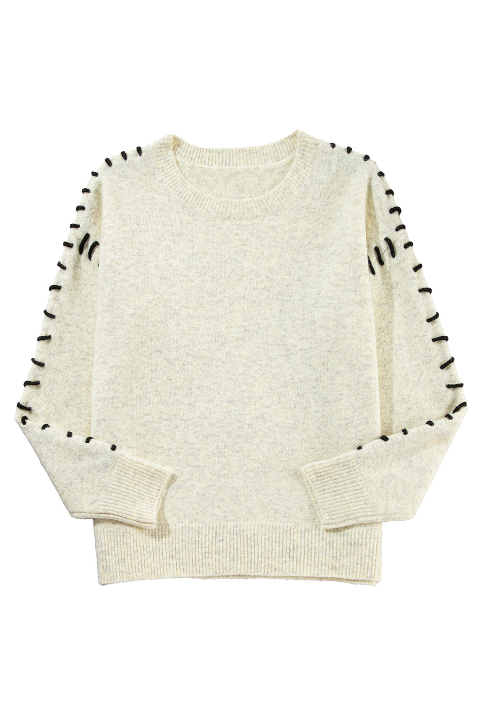 White Contrast Stitch Detail Ribbed Trim Sweater