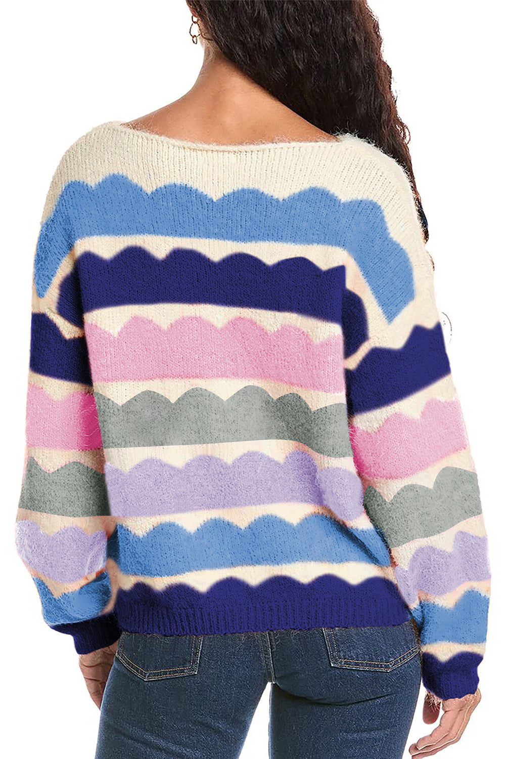 Gray Wave Striped Balloon Sleeve Drop Shoulder Sweater