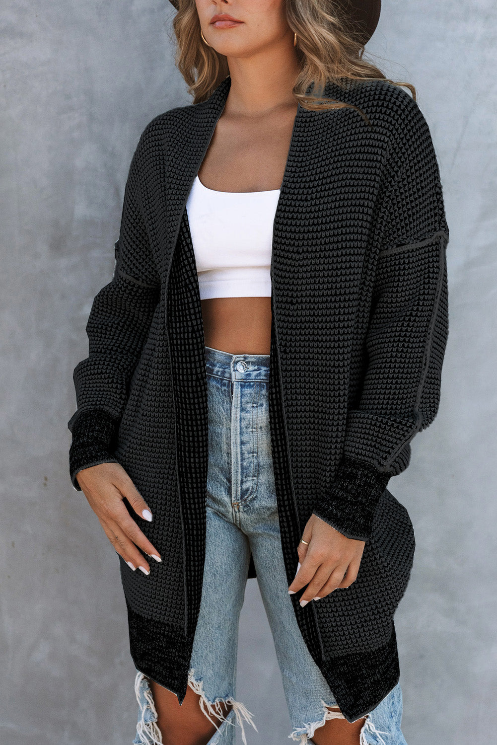 Grey Plaid Contrast Trim Casual Knit Cardigan