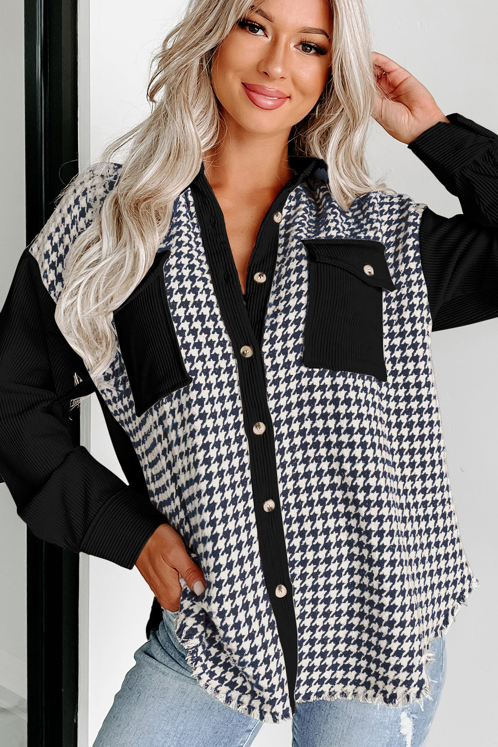 Black Houndstooth Corduroy Patchwork Pocket Shacket