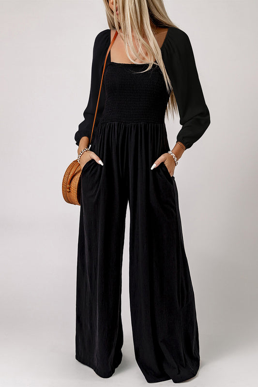 Black Smocked Square Neck Jumpsuit