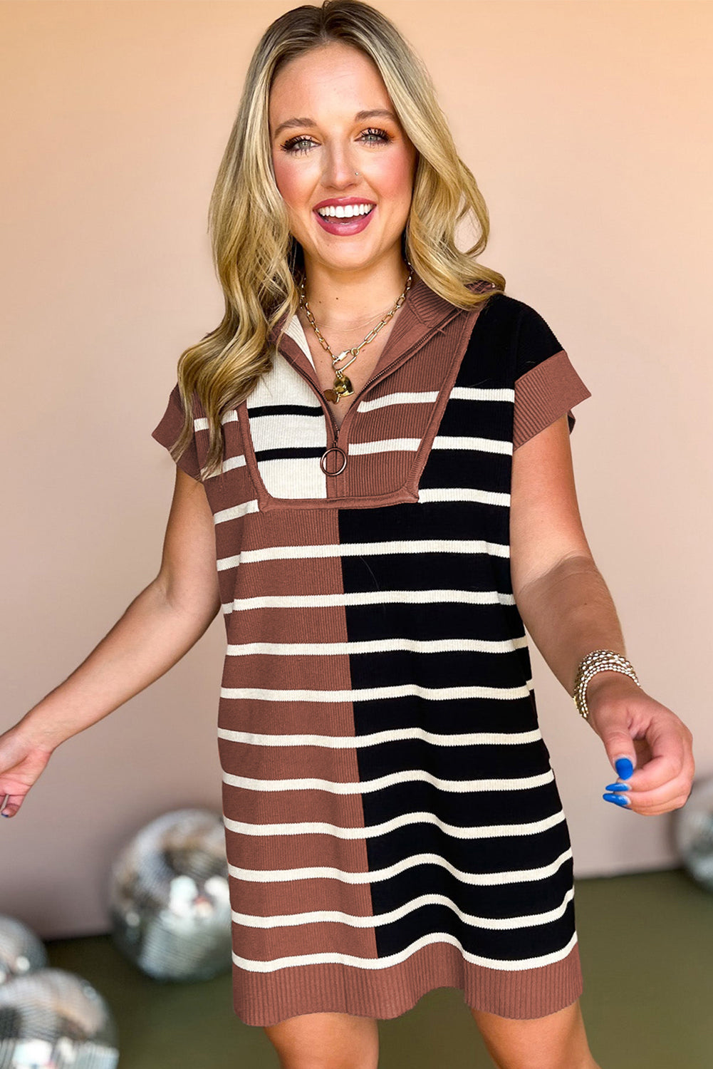 Brown Stripe Color Block Short Sleeve Quarter Zip Mini Dress