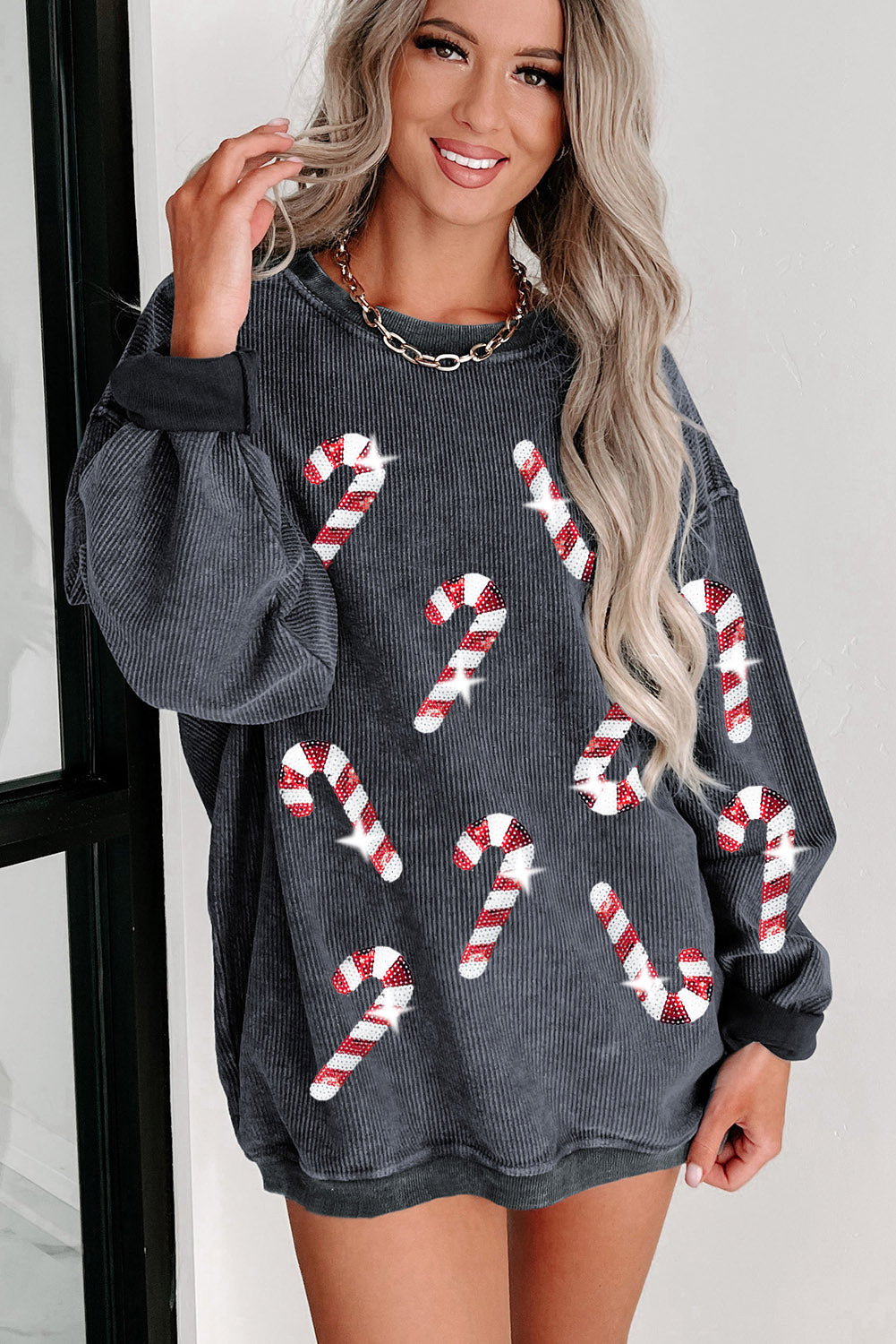 Khaki Xmas Candy Cane Shining Graphic Corded Sweatshirt