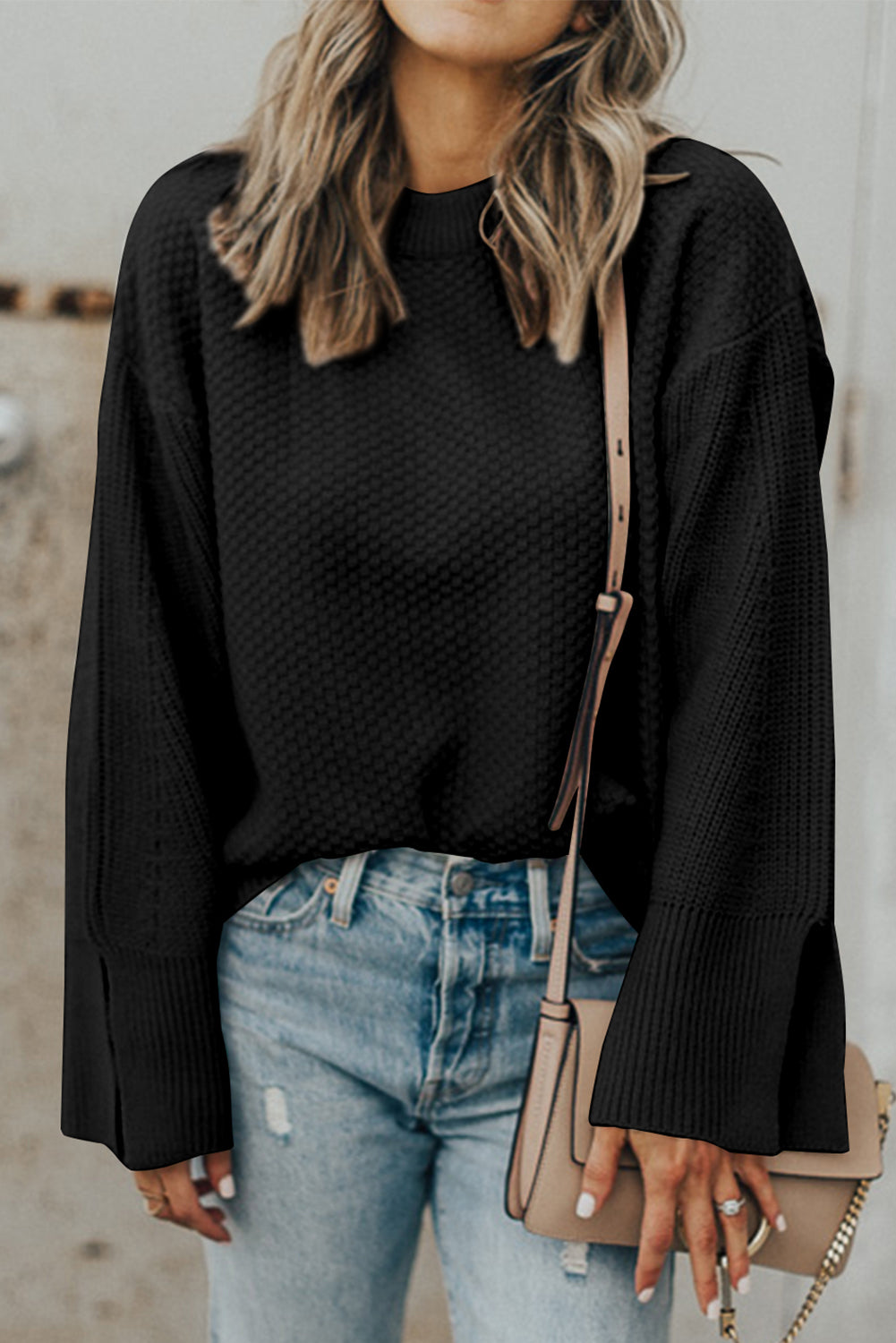 Dark Green Textured Knit Drop Shoulder Sweater