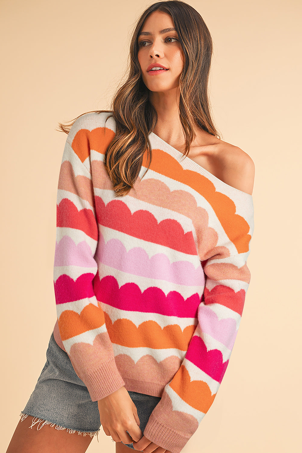 Gray Wave Striped Balloon Sleeve Drop Shoulder Sweater