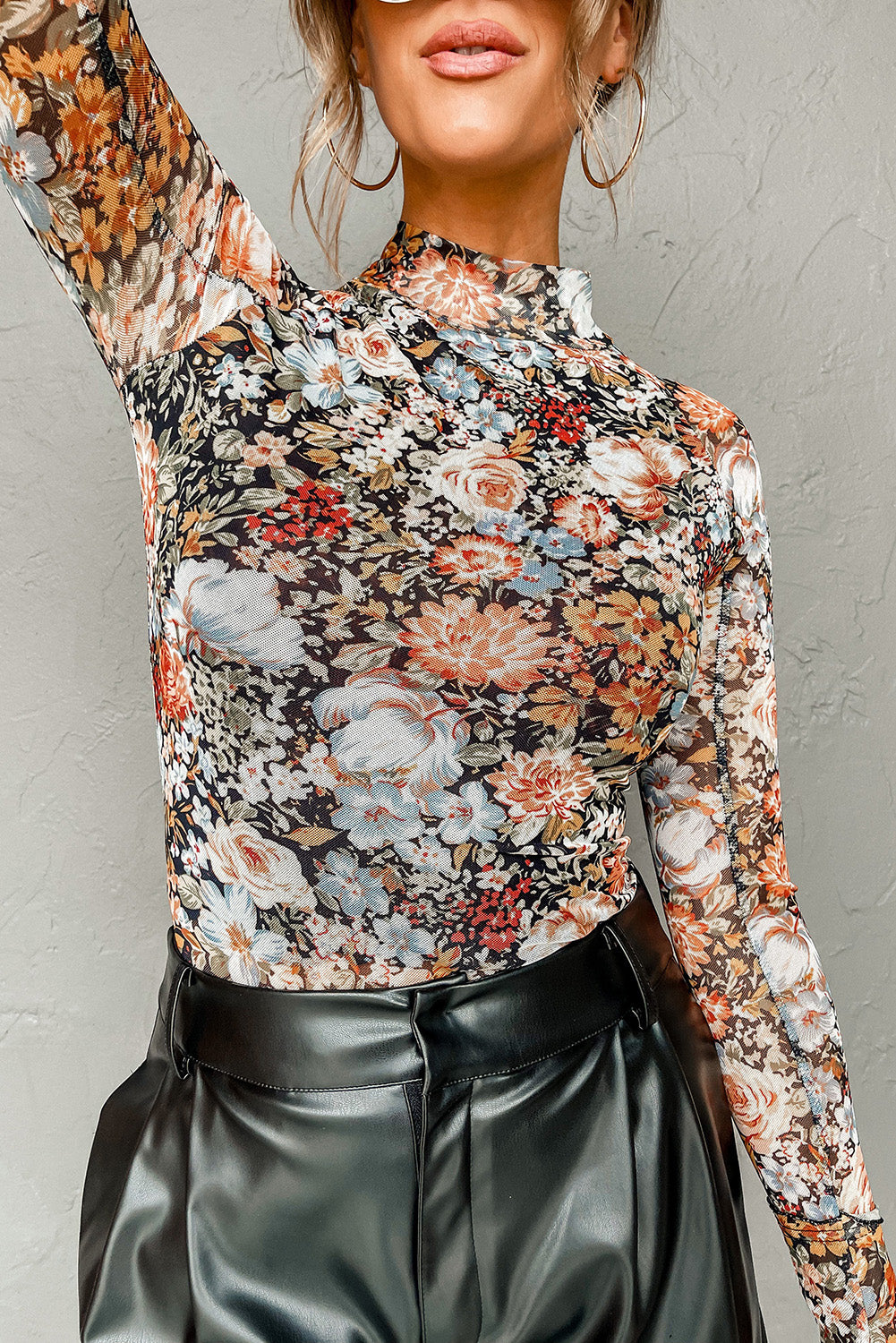 Floral Print Mesh Mock Neck Top