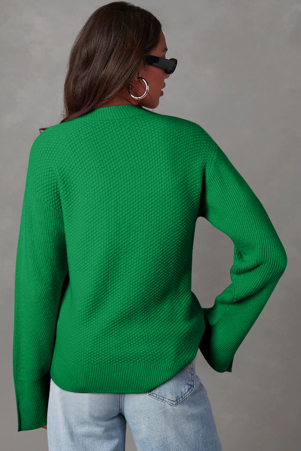 Dark Green Textured Knit Drop Shoulder Sweater