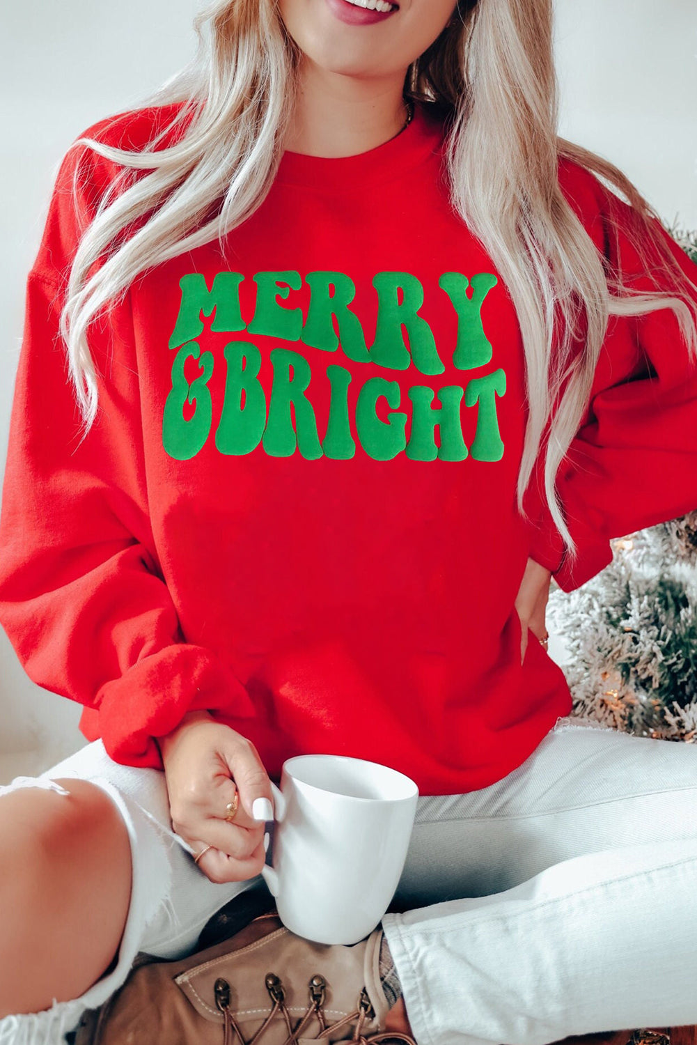 Red MERRY BRIGHT Drop Shoulder Crewneck Sweatshirt