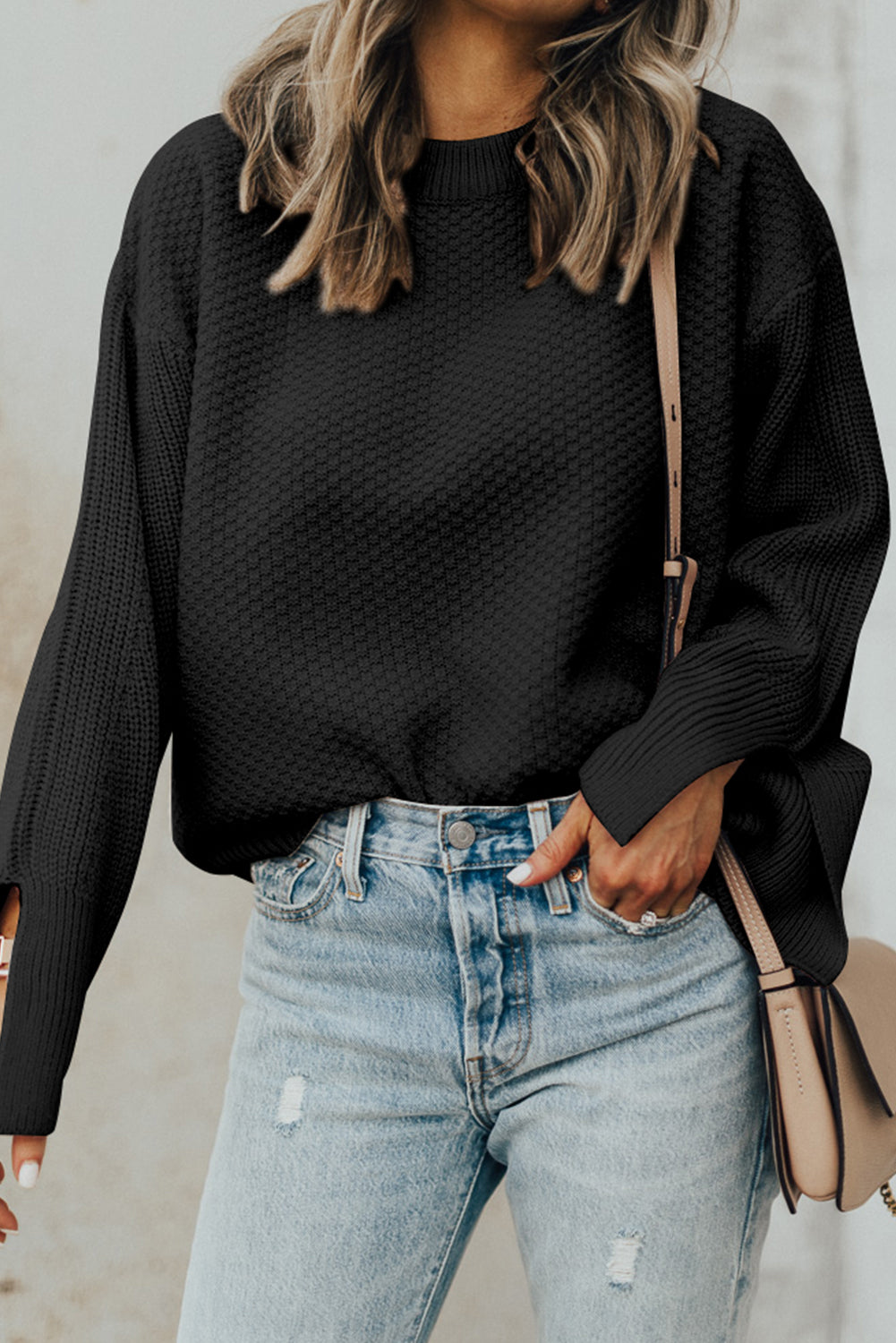 Dark Green Textured Knit Drop Shoulder Sweater