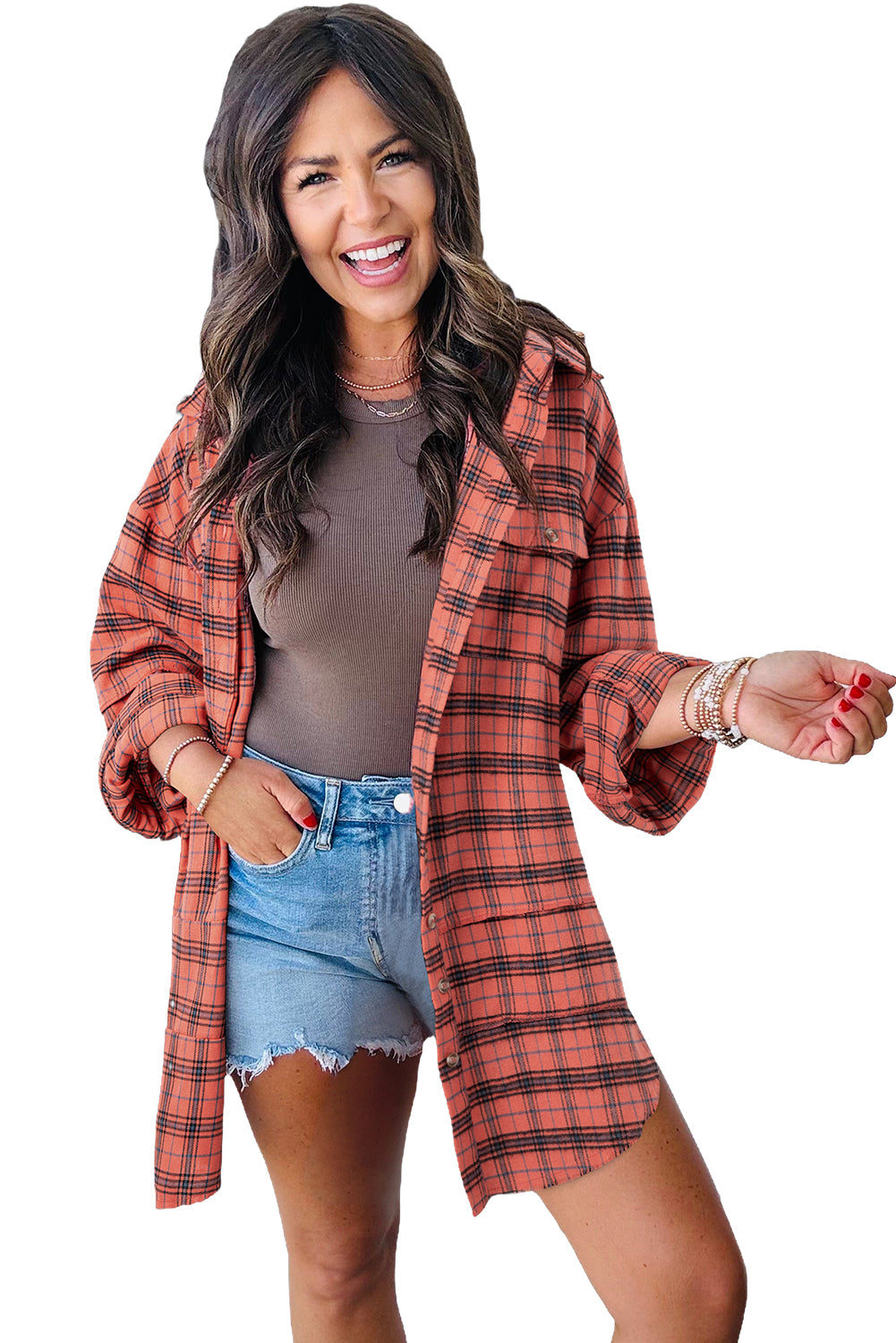 Red Plaid Long Sleeve Distressed Hem Shirt