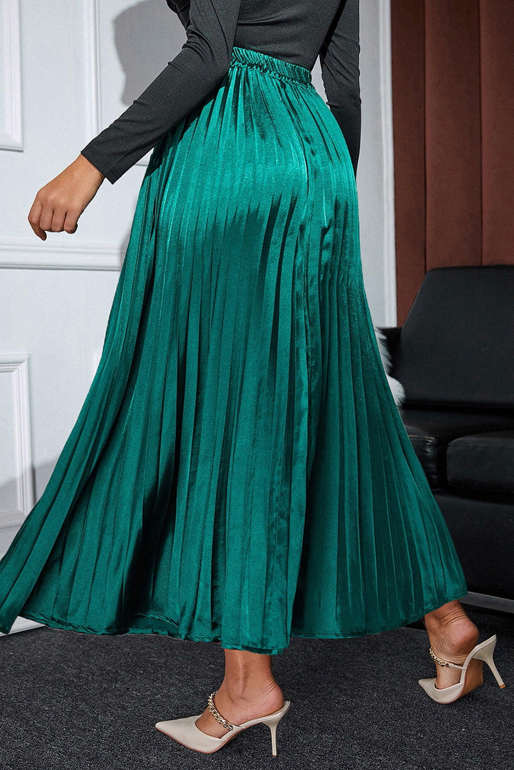 Dark Green Satin Pleated Maxi Skirt