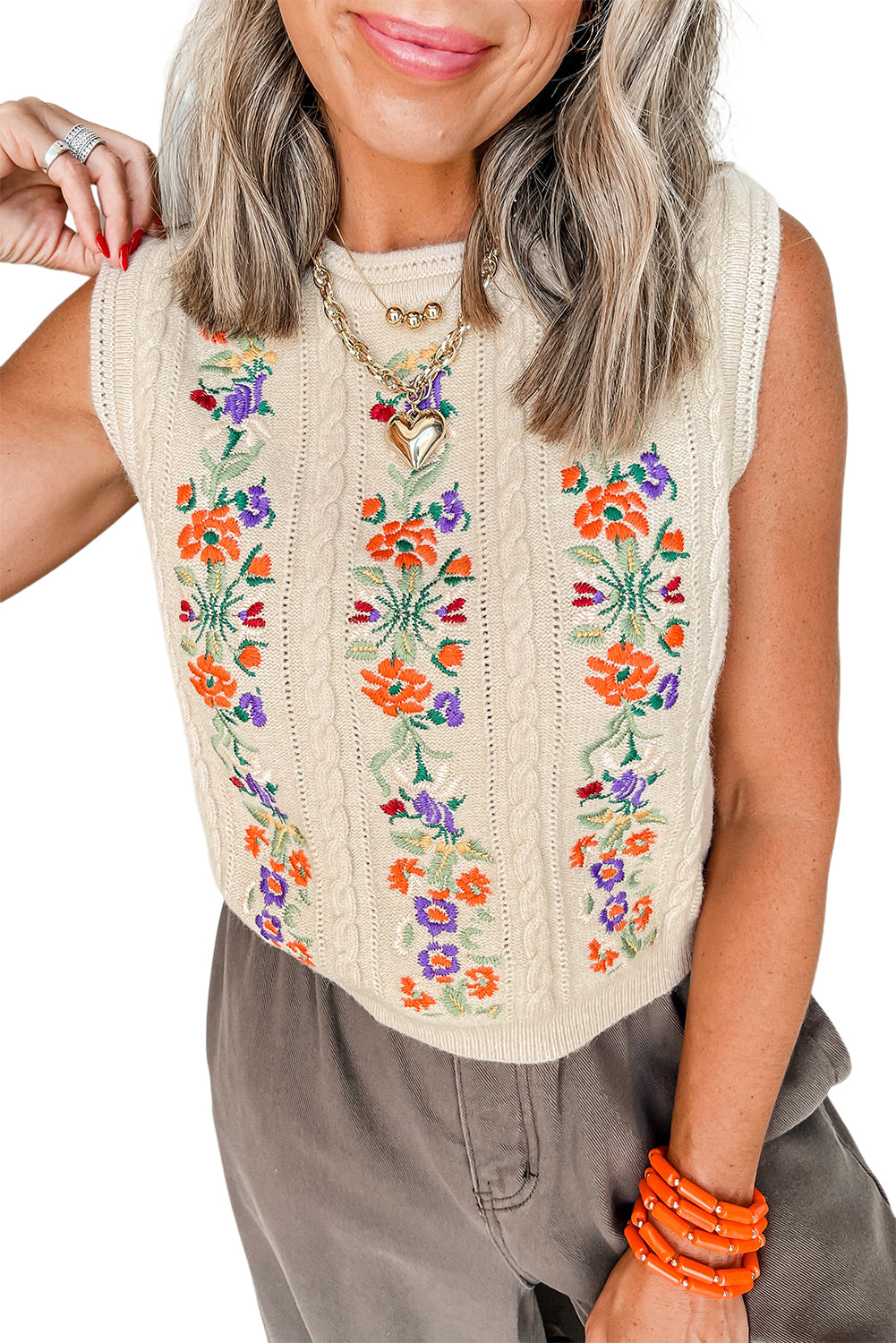 Jet Stream Embroidered Floral Cable Knit Vest Top