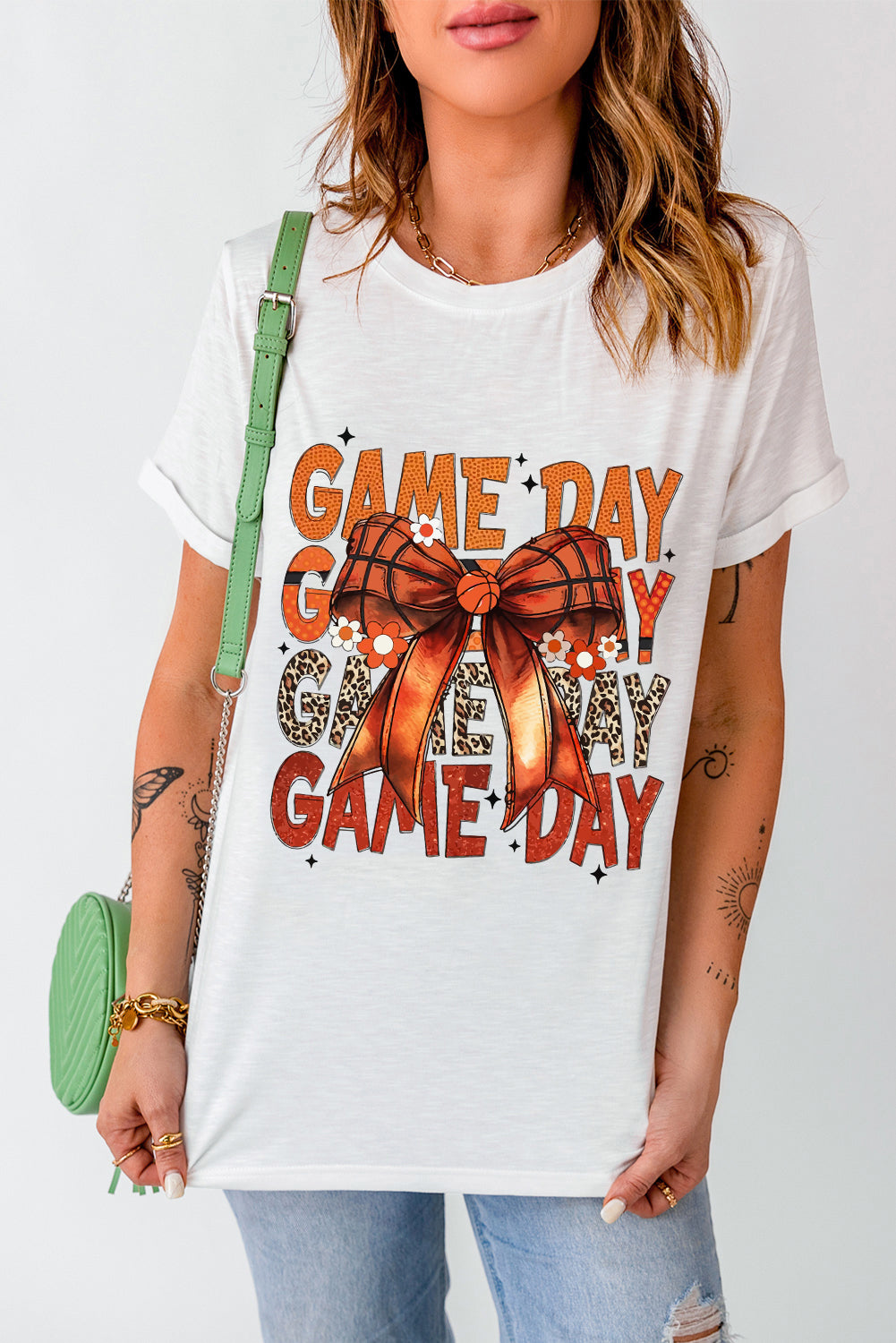 White GAME DAY Bowknot Round Neck T Shirt