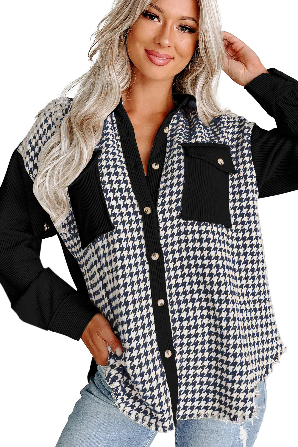 Black Houndstooth Corduroy Patchwork Pocket Shacket