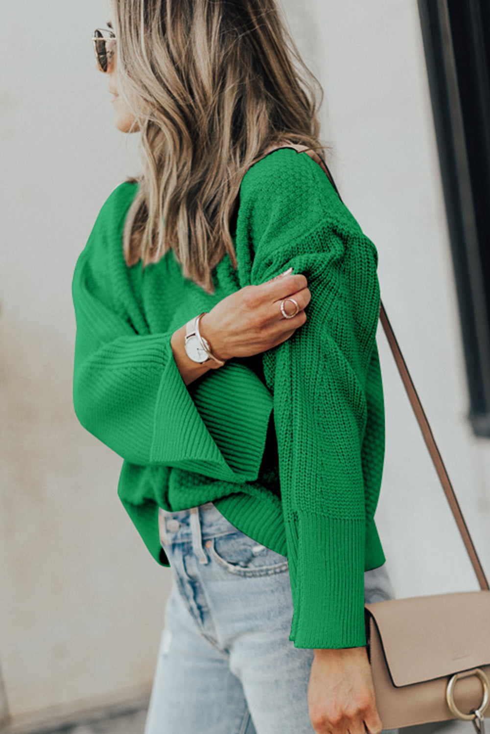 Dark Green Textured Knit Drop Shoulder Sweater