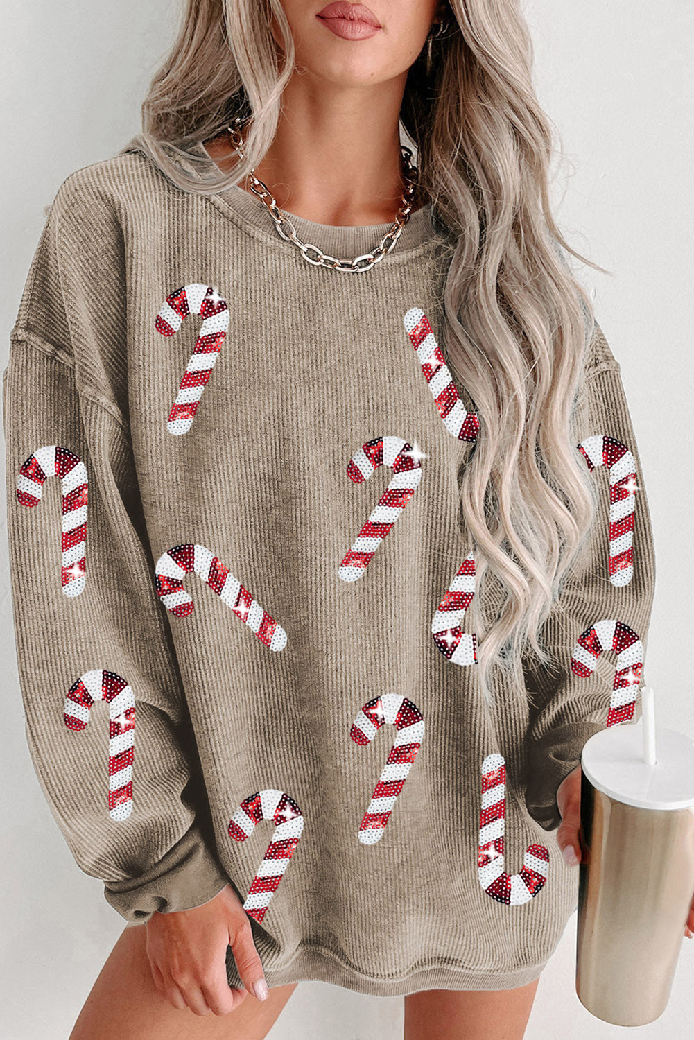 Khaki Xmas Candy Cane Shining Graphic Corded Sweatshirt