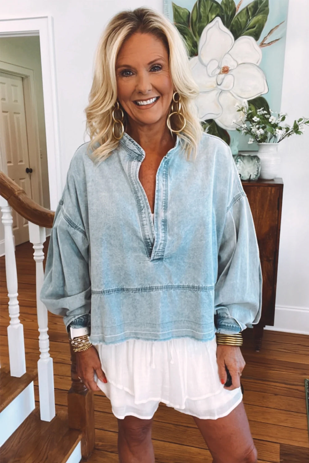 Beau Blue Light Wash Puff Sleeve V Neck Denim Blouse