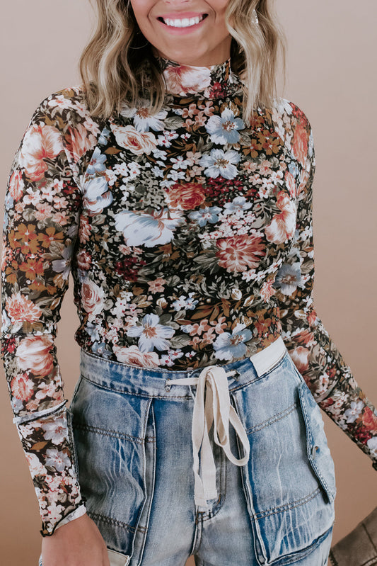 Floral Print Mesh Mock Neck Top