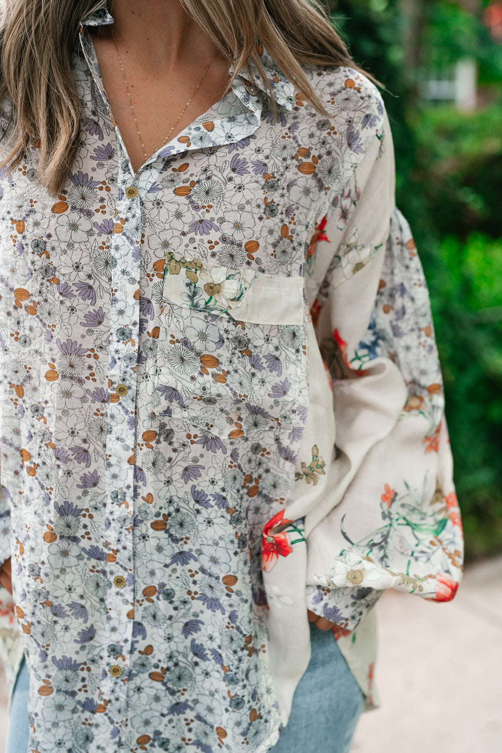 Purple Boho Floral Bishop Sleeve Button Up Loose Shirt