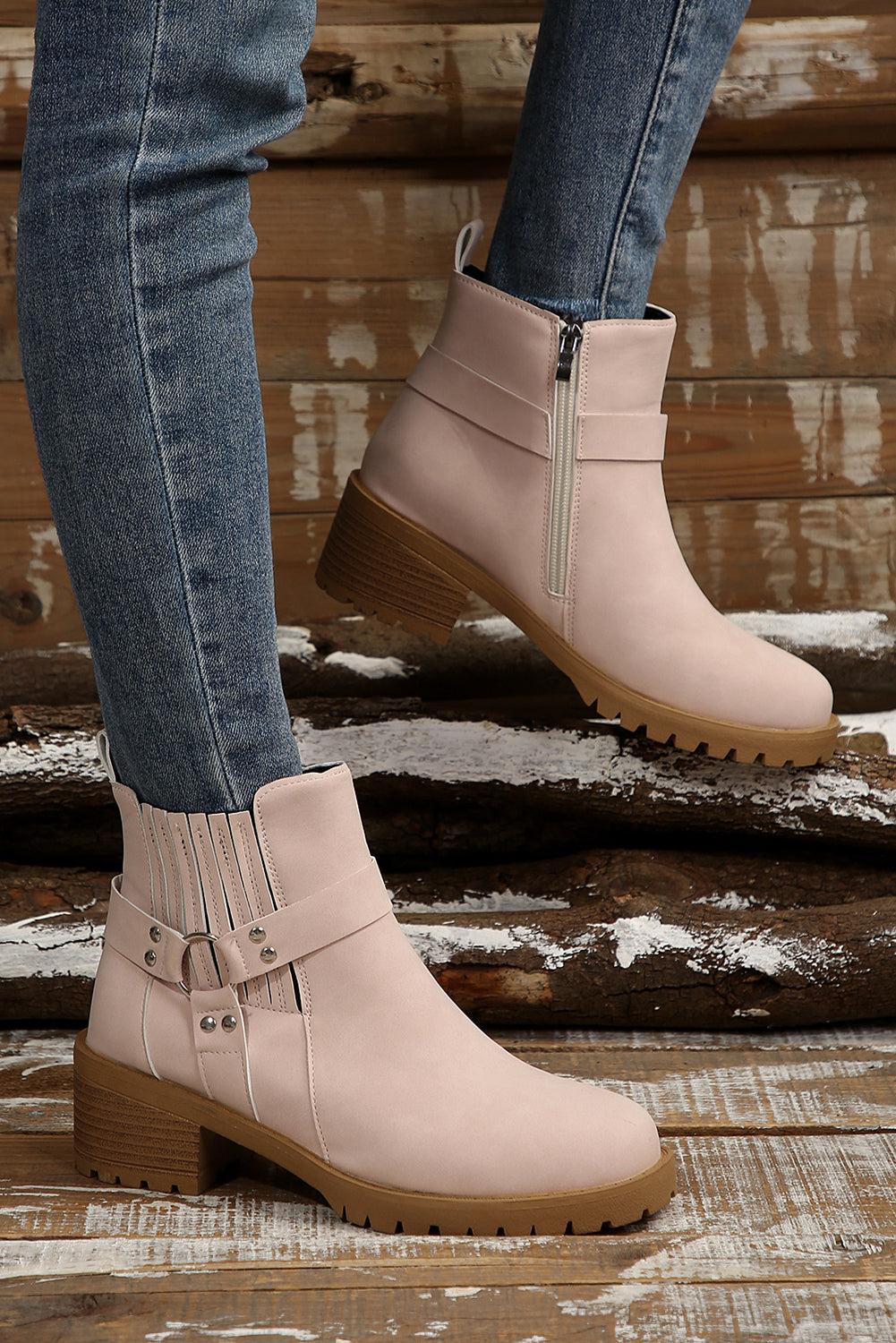 Beige Ring Linked Zipper Chunky Heel Ankle Boots