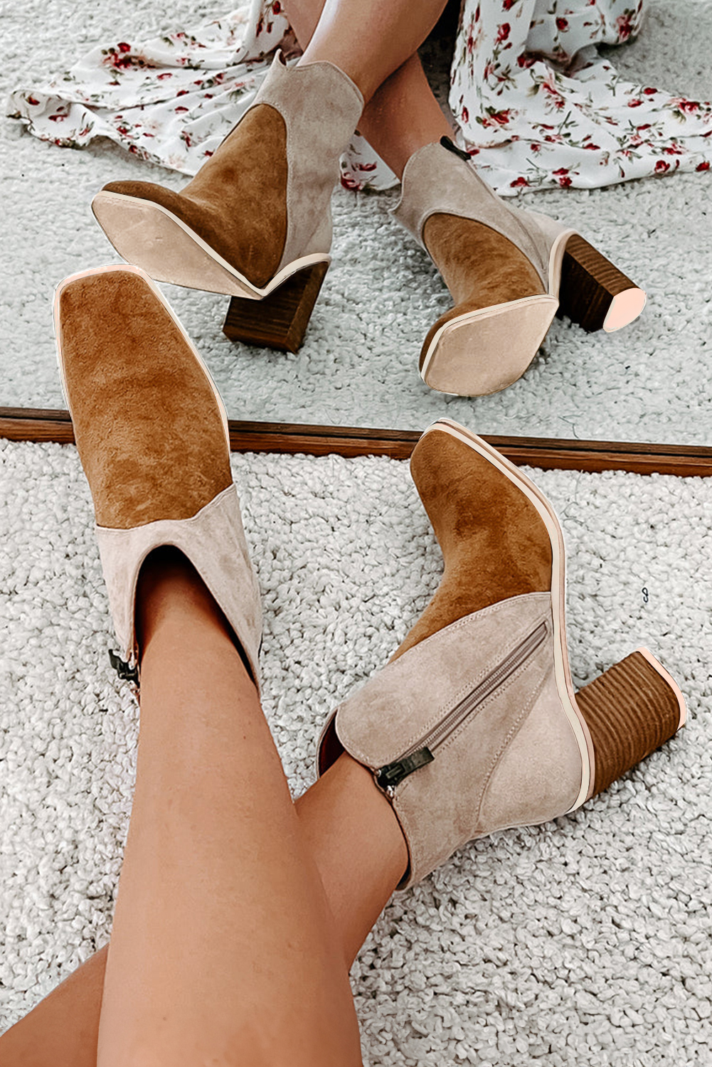 Camel Two Tone Faux Suede Square Toe Chunky Heel Boots