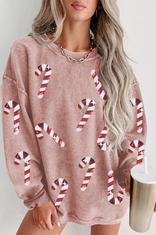 Khaki Xmas Candy Cane Shining Graphic Corded Sweatshirt