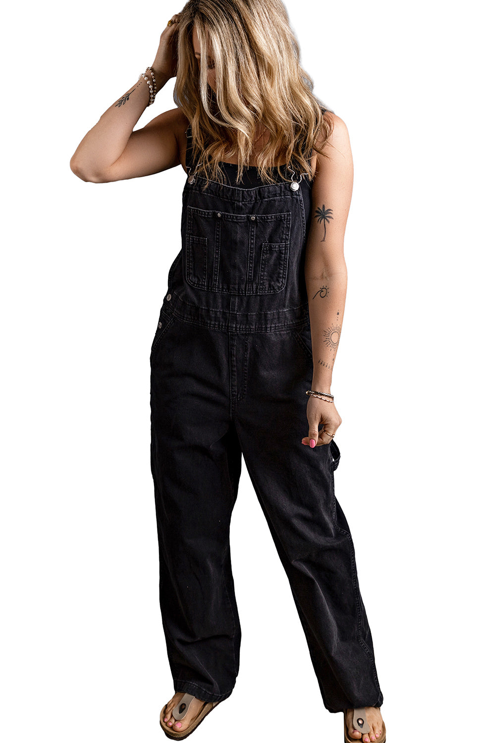 Black Adjustable Buckle Straps Multi Pocket Denim Jumpsuit