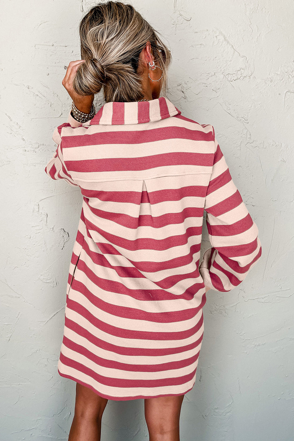 Pink Stripe Pocketed Collared V Neck Loose Fit Mini Dress