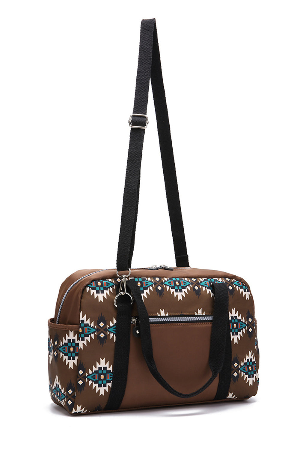 Coffee Geometric Print PU Leather Large Travel Duffel Bag