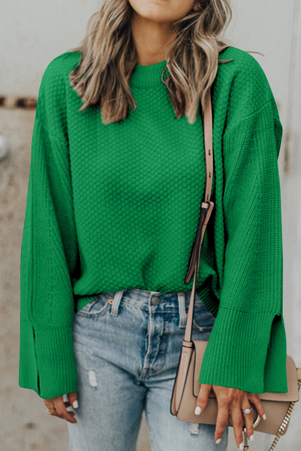 Dark Green Textured Knit Drop Shoulder Sweater