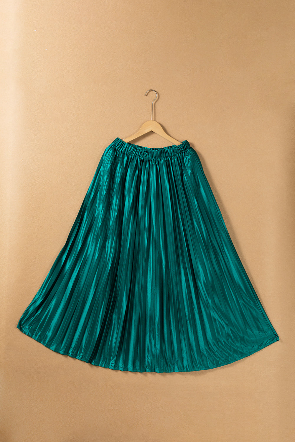 Dark Green Satin Pleated Maxi Skirt