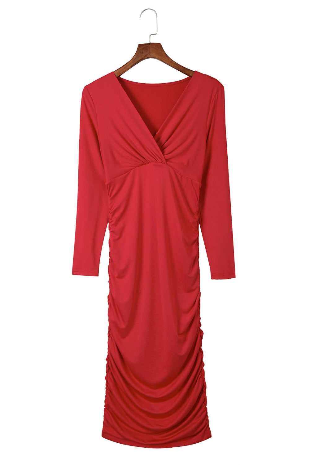 Red Elegant Wrap V Neck Ruched Slim Fit Midi Dress