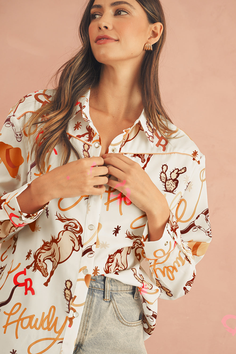 Beige Howdy Animal Pattern Button Up Shirt